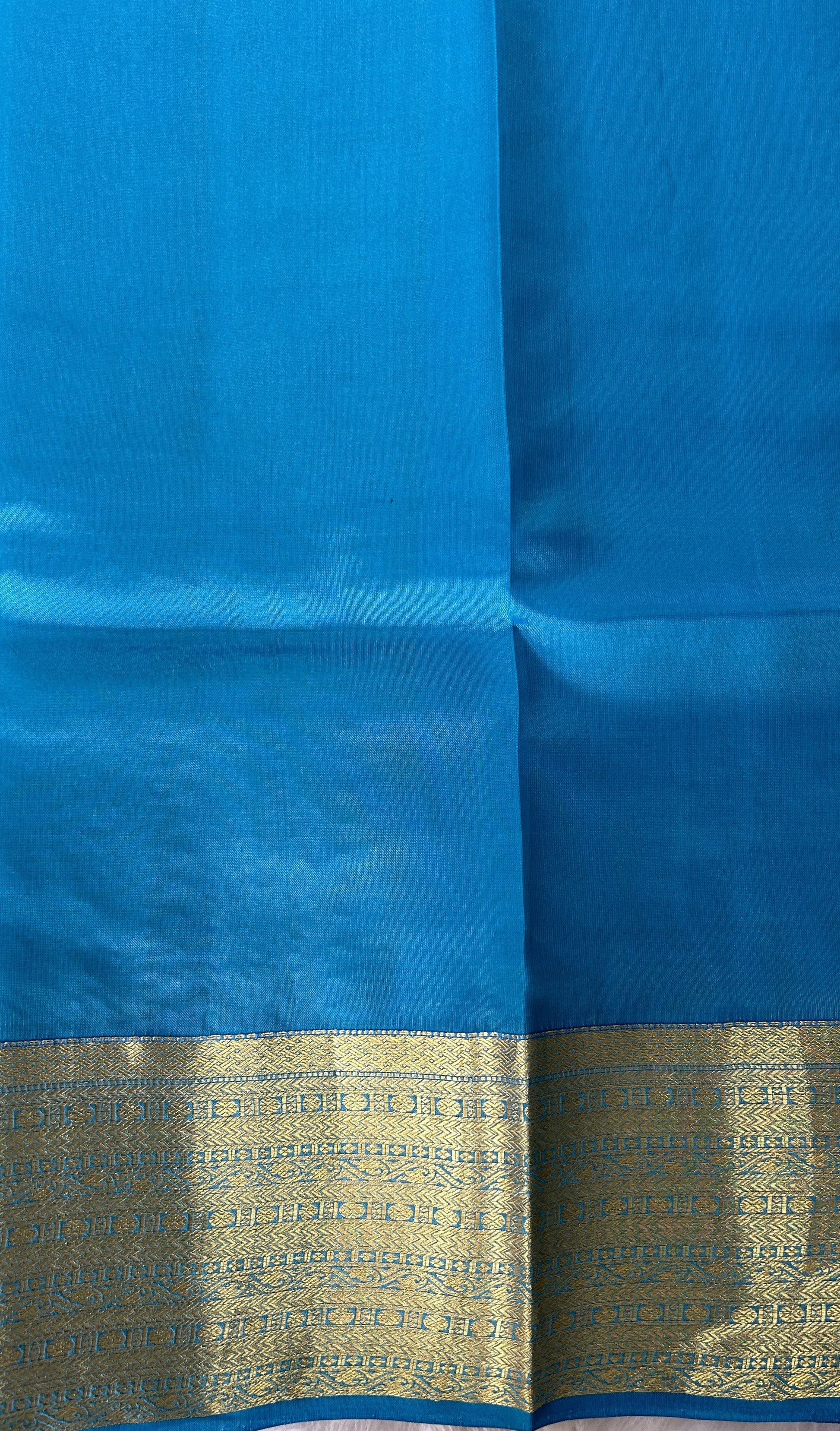 Kanjivaram Powerloom Silk Saree Aqua Blue colored Saree complemented with a Dark Blue Colored Gold Kanchi border. - Sampradaya Designer Studio