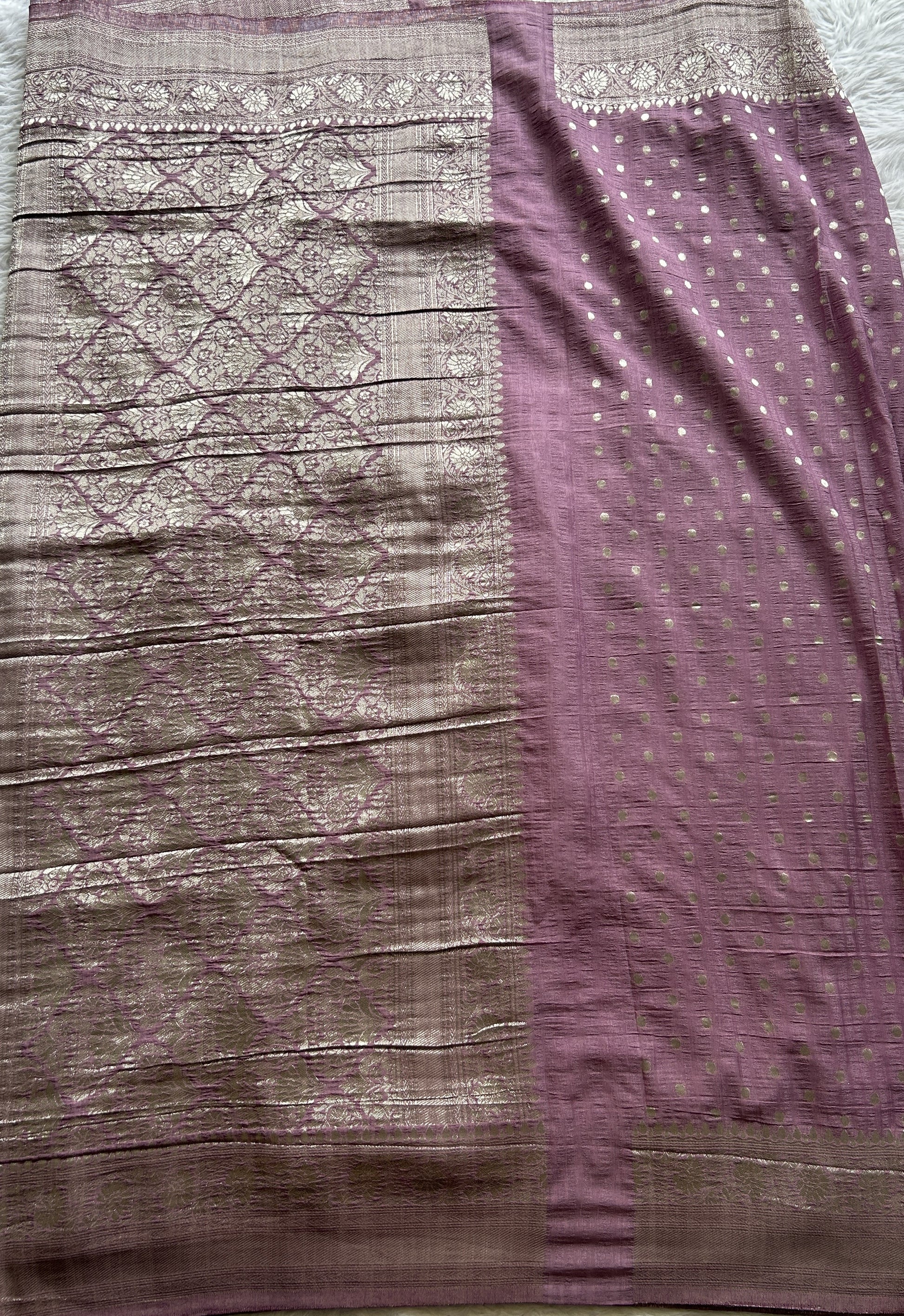 Semi Georgette Saree Lavender Colored Complemented with a Zari Border. - Sampradaya Designer Studio