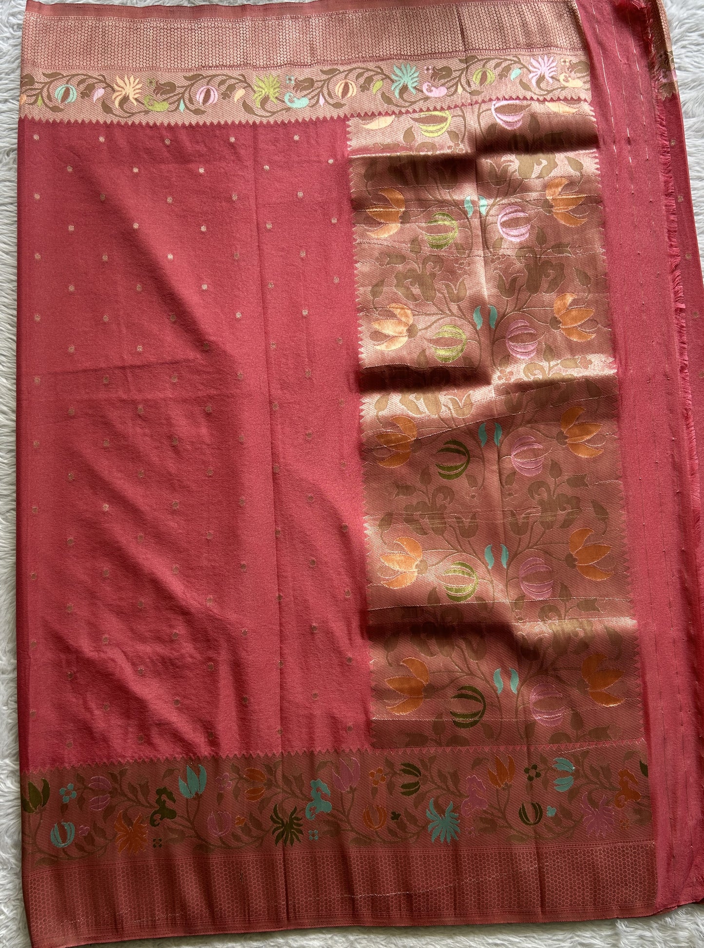 Semi Georgette Saree Pink Colored Complemented with a Zari Border. - Sampradaya Designer Studio