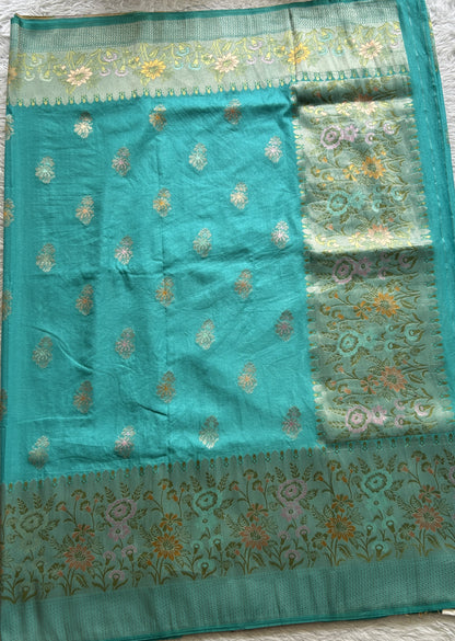 Semi Georgette Saree Sky Blue Colored Complemented with a Zari Border. - Sampradaya Designer Studio