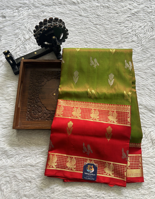 Venkatagiri Pattu Saree Green Colored Complemented With a Red Color Zari Border - Sampradaya Designer Studio