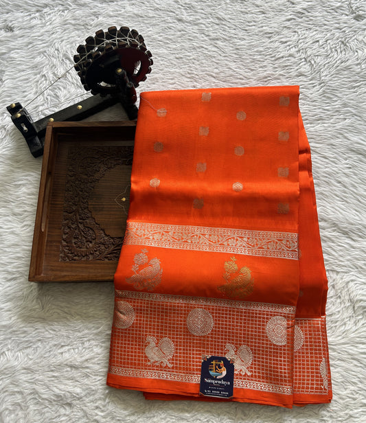 Venkatagiri Pattu Saree Orange Colored Complemented With a Zari Border - Sampradaya Designer Studio