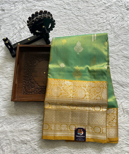 Venkatagiri Pattu Saree Light Green Colored Complemented With a Mustard Yellow Zari Border - Sampradaya Designer Studio