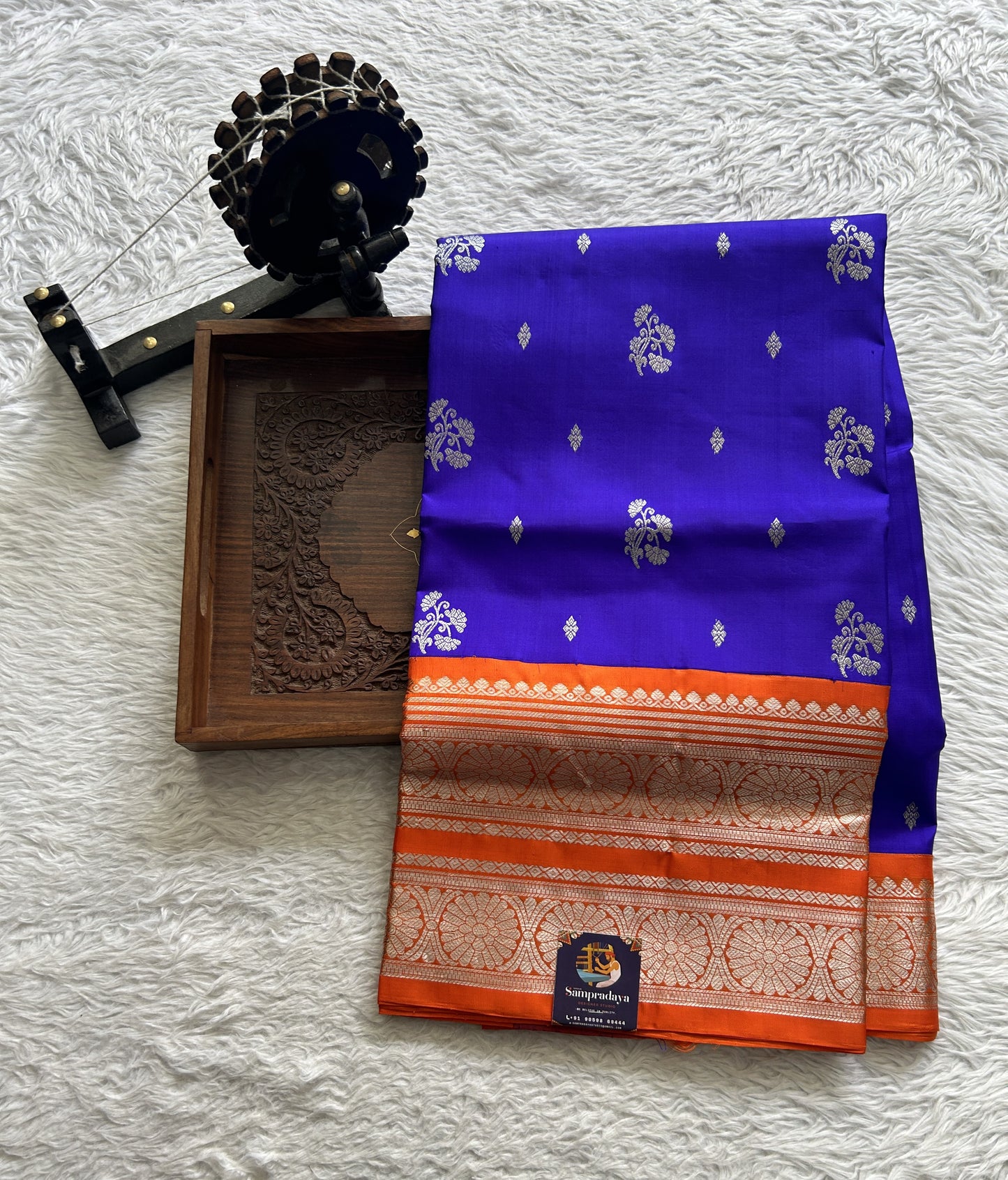 Venkatagiri Pattu Saree Ink Blue Complemented With a Orange Color Zari Border - Sampradaya Designer Studio