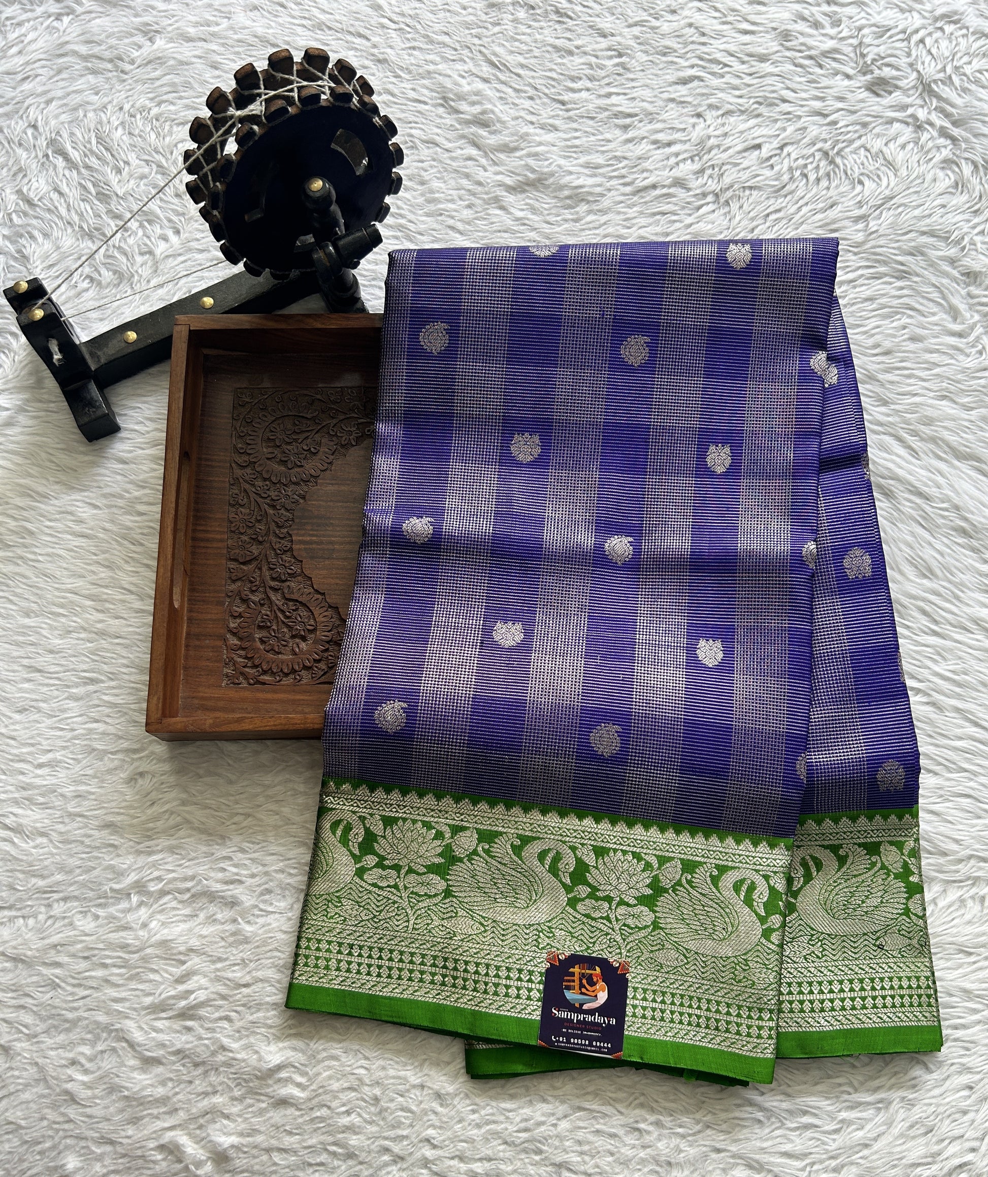 Venkatagiri Pattu Saree Blue Complemented With a Green Color Zari Border - Sampradaya Designer Studio