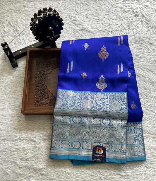 Venkatagiri Pattu Saree Cobalt Blue Complemented With a Sea Blue Color Zari Border - Sampradaya Designer Studio