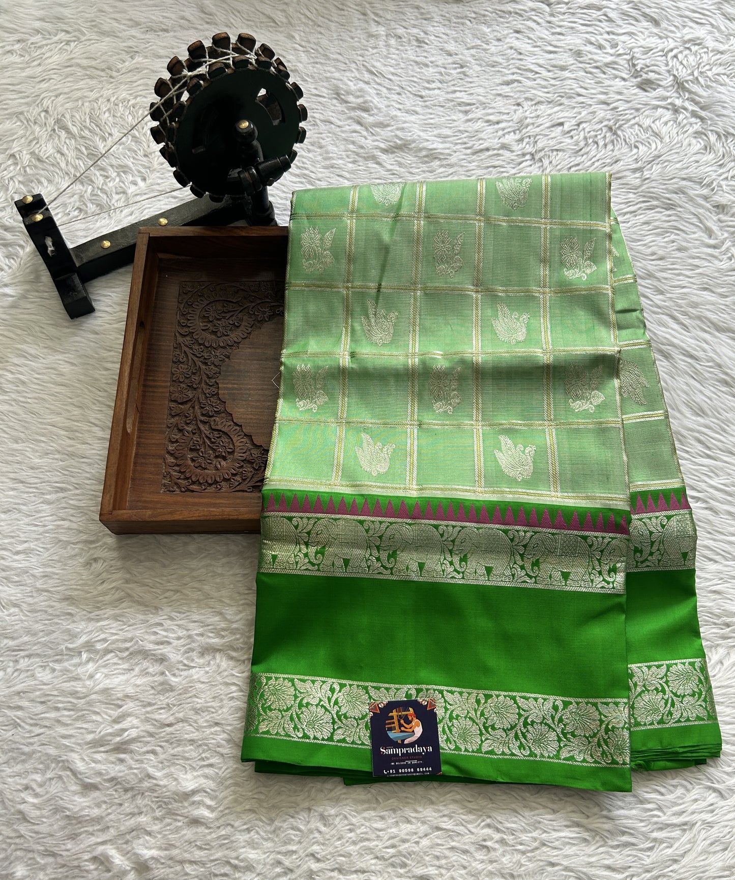 Venkatagiri Pattu Saree Light Green Complemented With a Zari Gap Border - Sampradaya Designer Studio