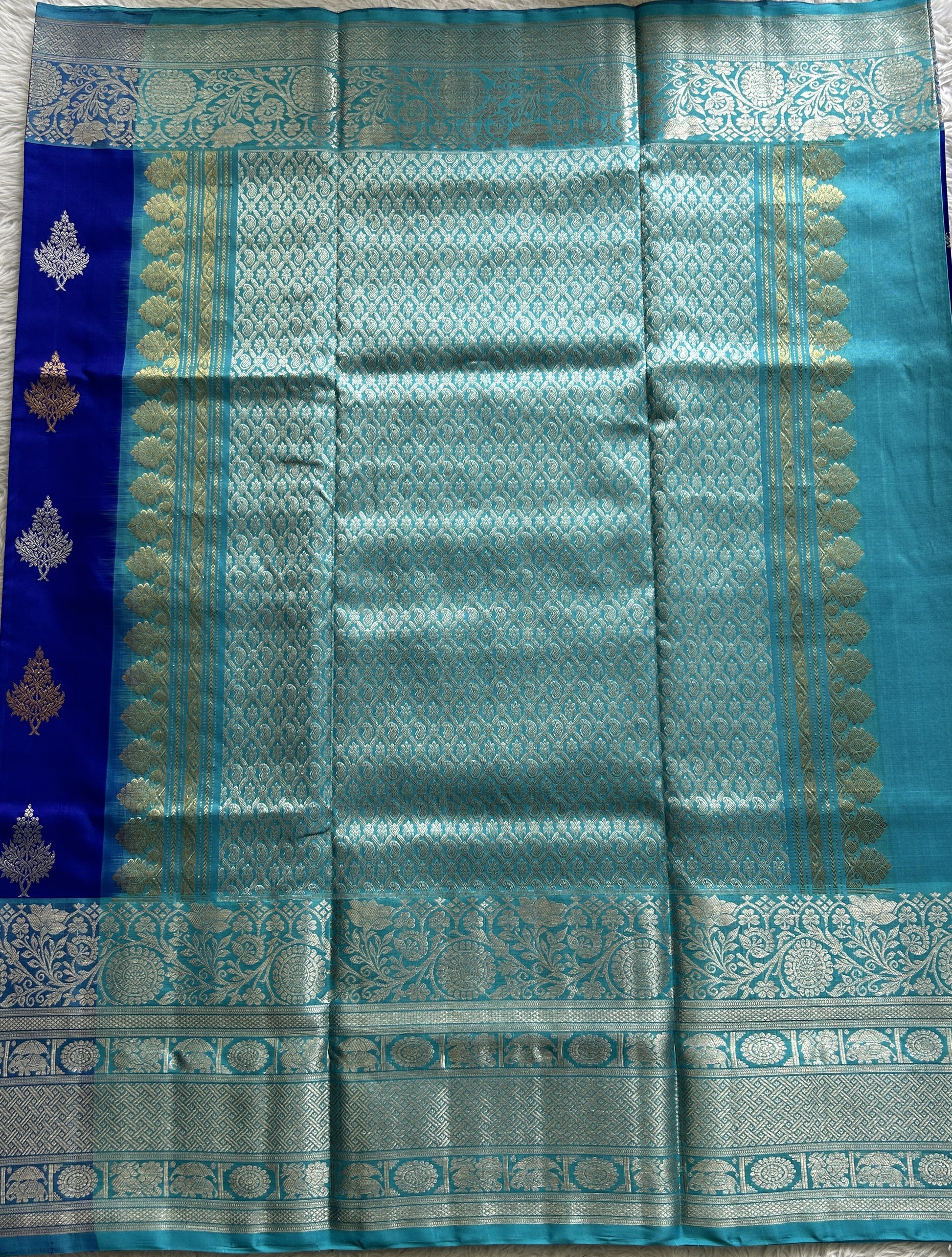 Venkatagiri Pattu Saree Cobalt Blue Complemented With a Sea Blue Color Zari Border - Sampradaya Designer Studio