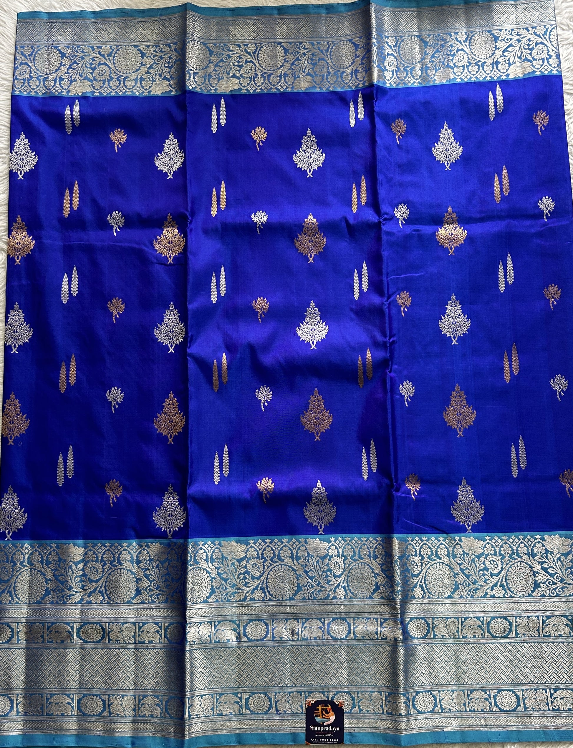 Venkatagiri Pattu Saree Cobalt Blue Complemented With a Sea Blue Color Zari Border - Sampradaya Designer Studio