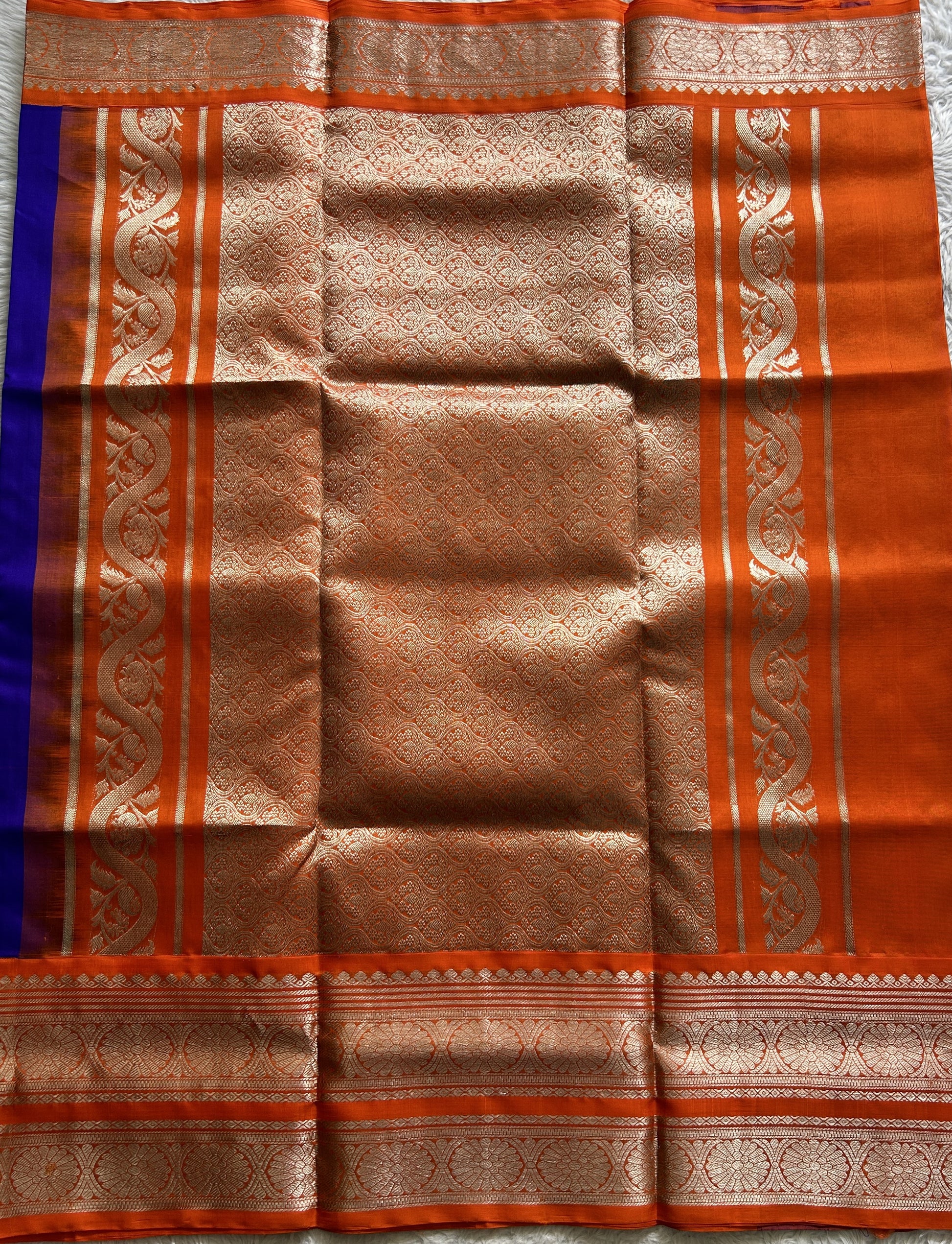 Venkatagiri Pattu Saree Ink Blue Complemented With a Orange Color Zari Border - Sampradaya Designer Studio