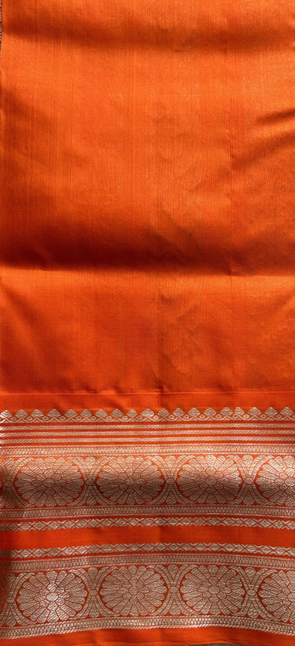 Venkatagiri Pattu Saree Ink Blue Complemented With a Orange Color Zari Border - Sampradaya Designer Studio