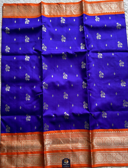 Venkatagiri Pattu Saree Ink Blue Complemented With a Orange Color Zari Border - Sampradaya Designer Studio