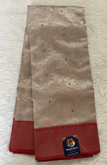 Chanderi Pattu Saree Beige colored saree complemented with a Dark Red Colored Silver Zari border - Sampradaya Designer Studio