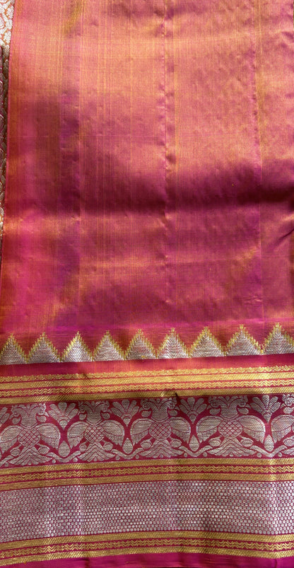 Venkatagiri Pattu Saree Fluorescent Green Colored Complemented With a Pink Color Zari Border - Sampradaya Designer Studio