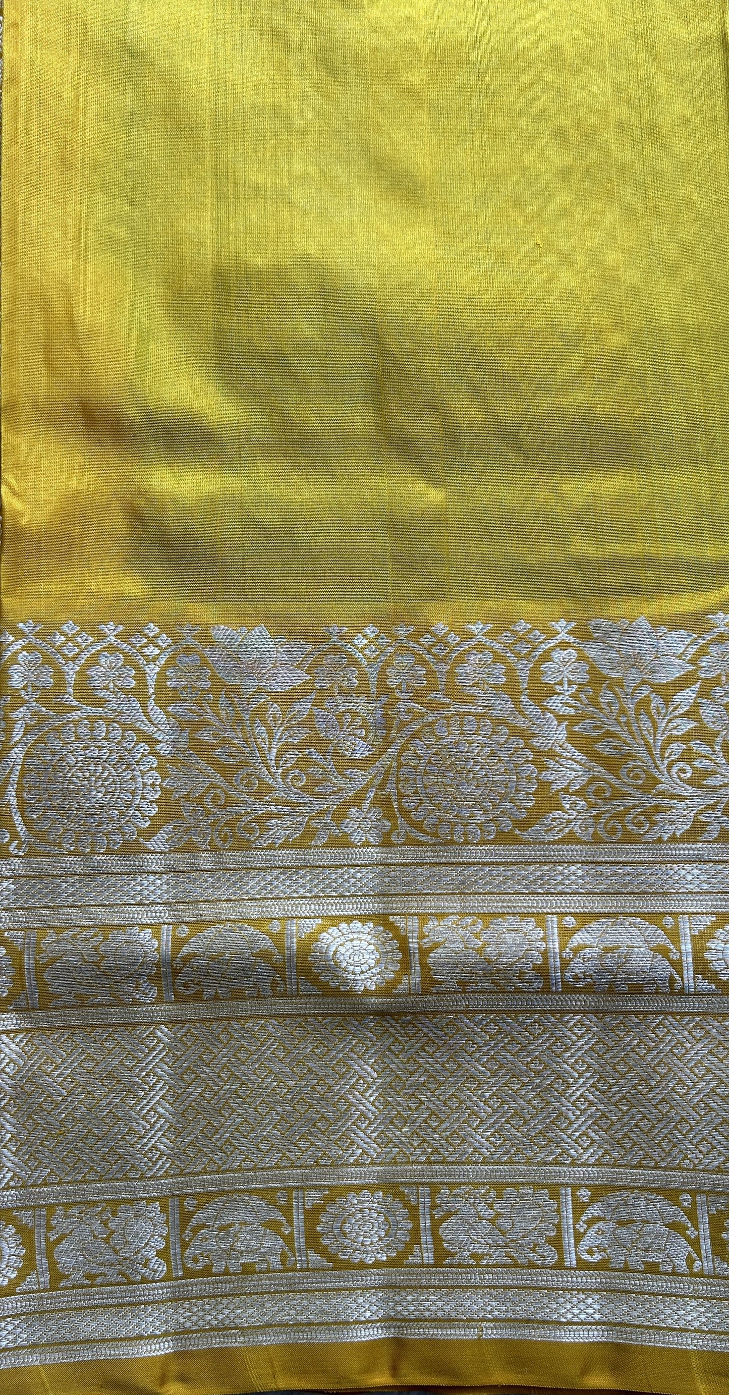 Venkatagiri Pattu Saree Light Green Colored Complemented With a Mustard Yellow Zari Border - Sampradaya Designer Studio