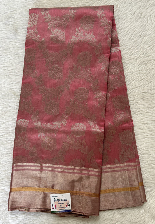 Chanderi Pattu Saree Pink colored saree complemented with a Silver Zari border - Sampradaya Designer Studio