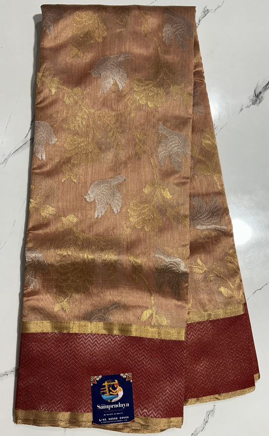 Chanderi Pattu Saree Light coral colored saree complemented with a Dark Red Colored Silver Zari border - Sampradaya Designer Studio