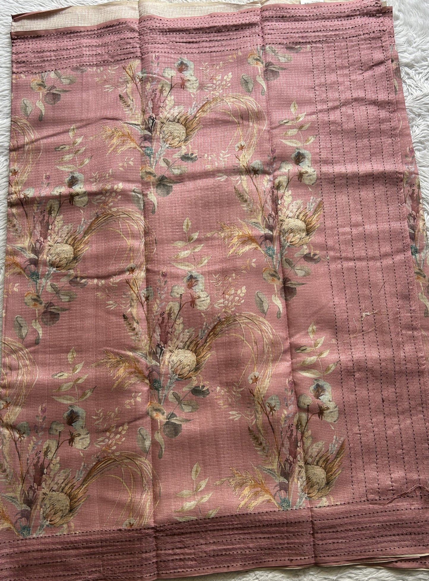 Semi Tussar Saree Pink Colored complemented with a Running Stich Border. - Sampradaya Designer Studio