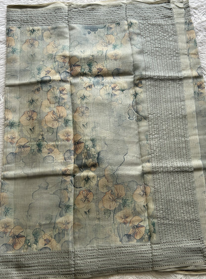 Semi Tussar Saree Light Gray Colored complemented with a Running Stich Border. - Sampradaya Designer Studio