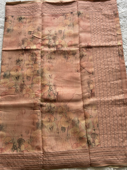 Semi Tussar Saree Peach Colored complemented with a Running Stich Border. - Sampradaya Designer Studio