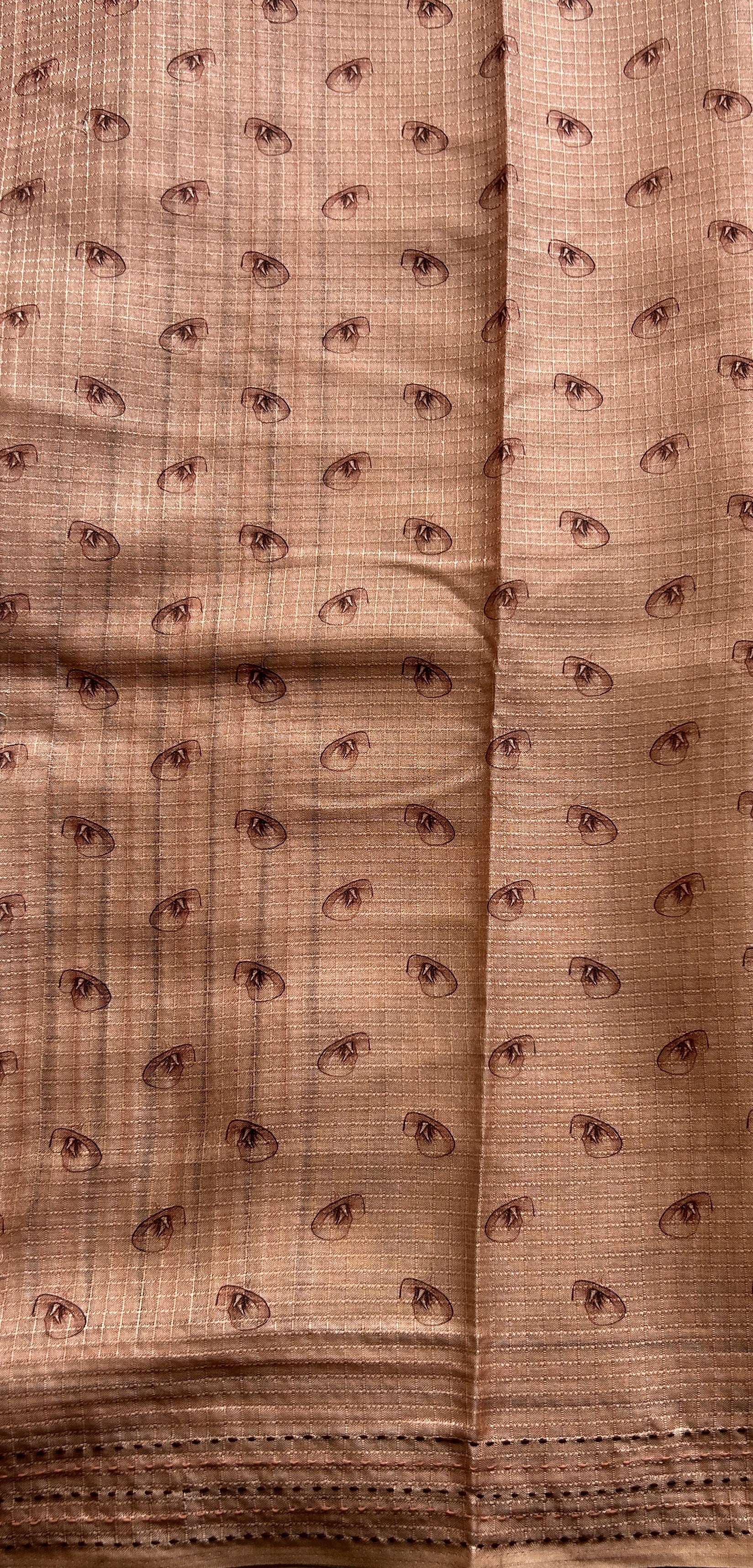 Semi Tussar Saree Peach Colored complemented with a Running Stich Border. - Sampradaya Designer Studio