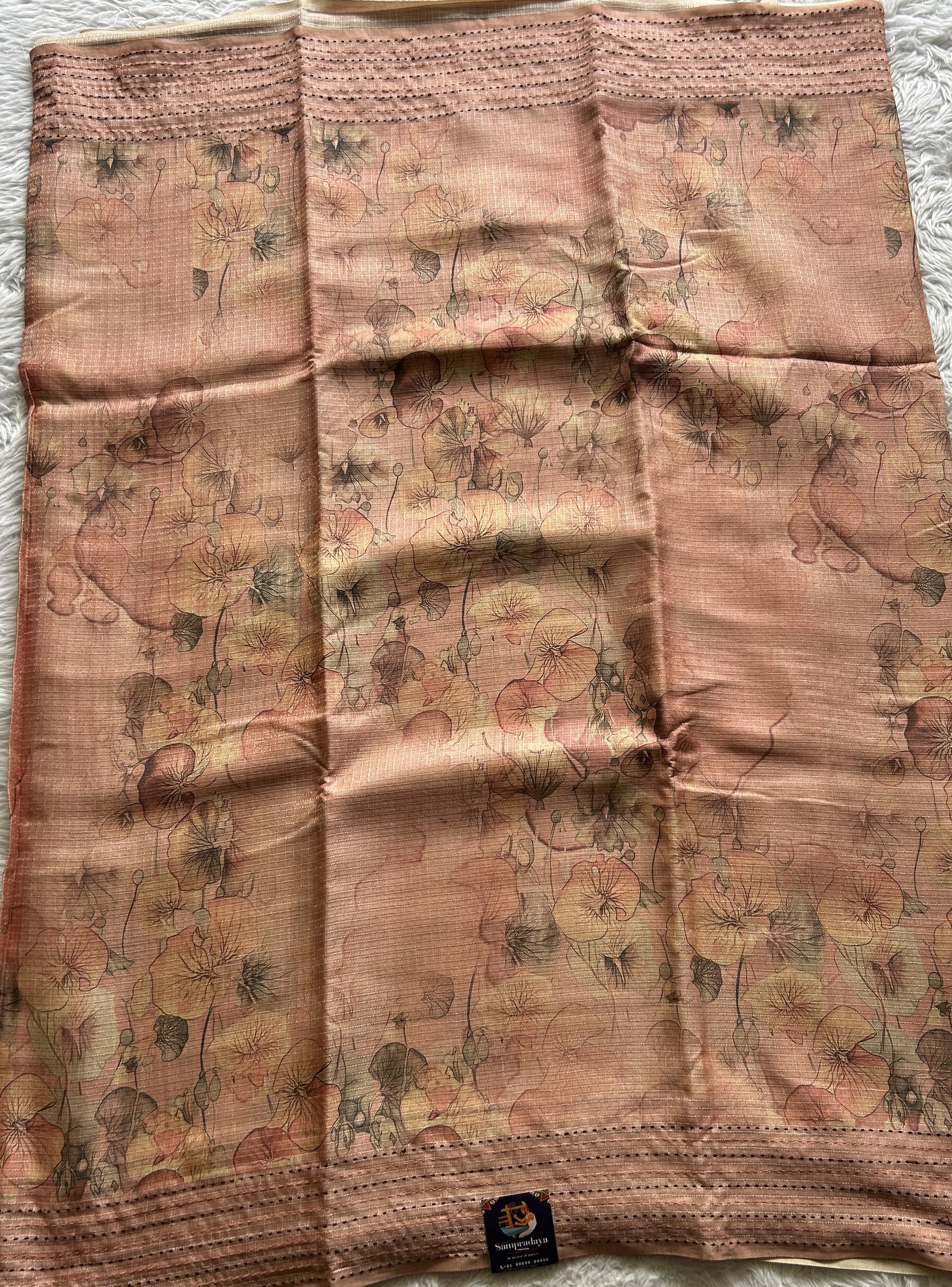 Semi Tussar Saree Peach Colored complemented with a Running Stich Border. - Sampradaya Designer Studio