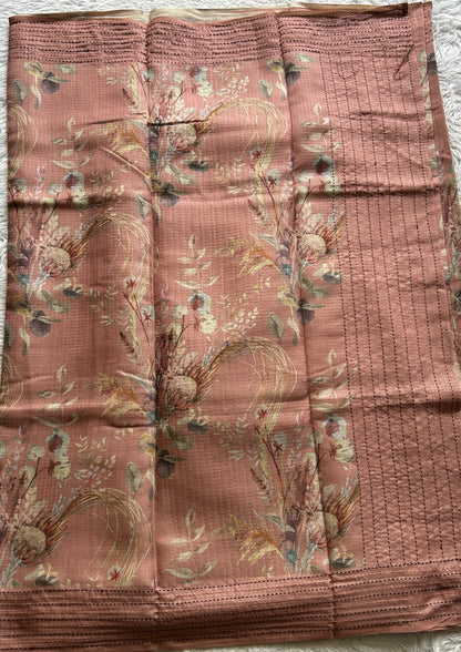 Semi Tussar Saree Onion Pink Colored complemented with a Running Stich Border. - Sampradaya Designer Studio