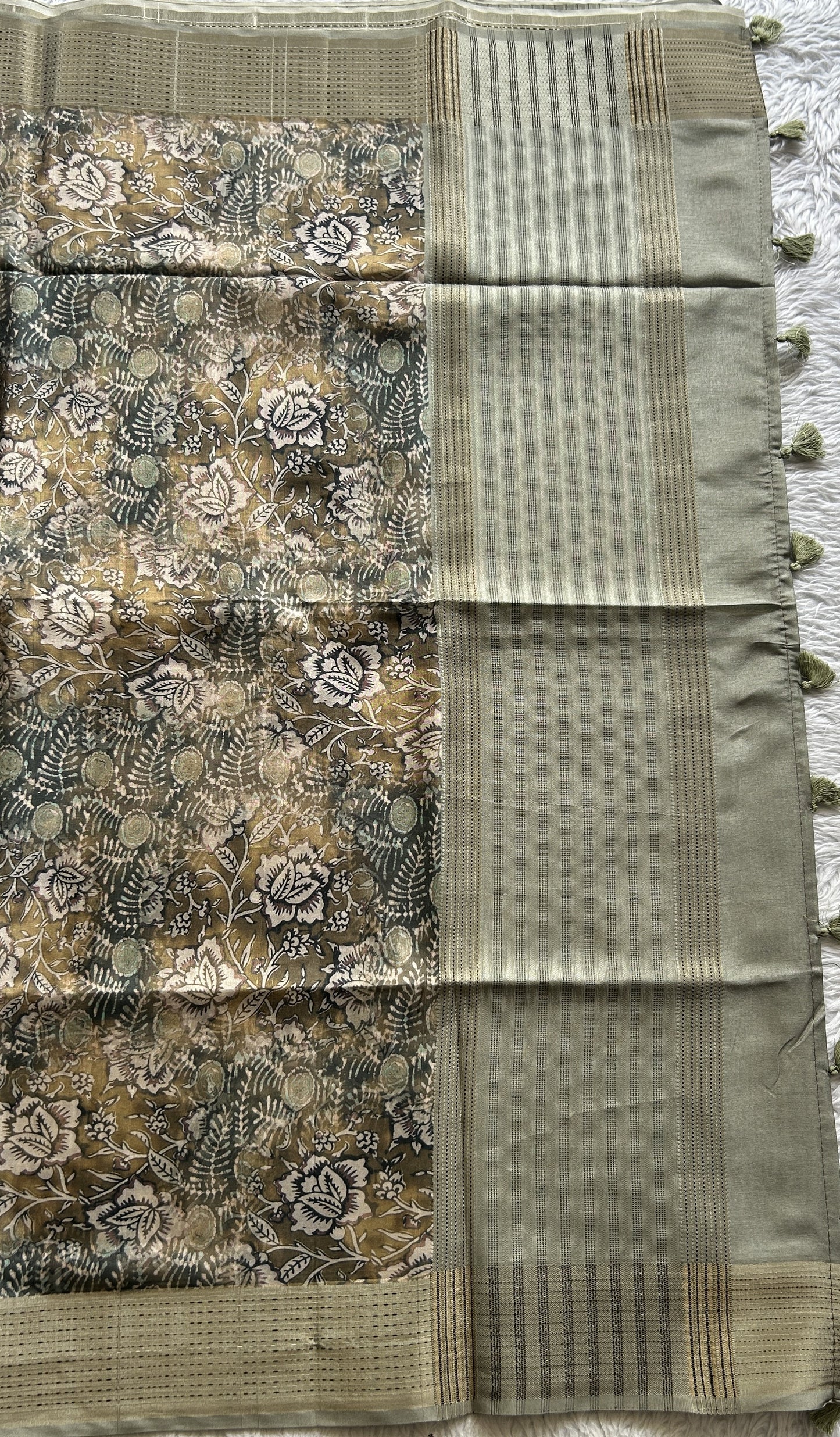 Semi Tussar Saree Olive Green Colored complemented with a Running Stich Border. - Sampradaya Designer Studio