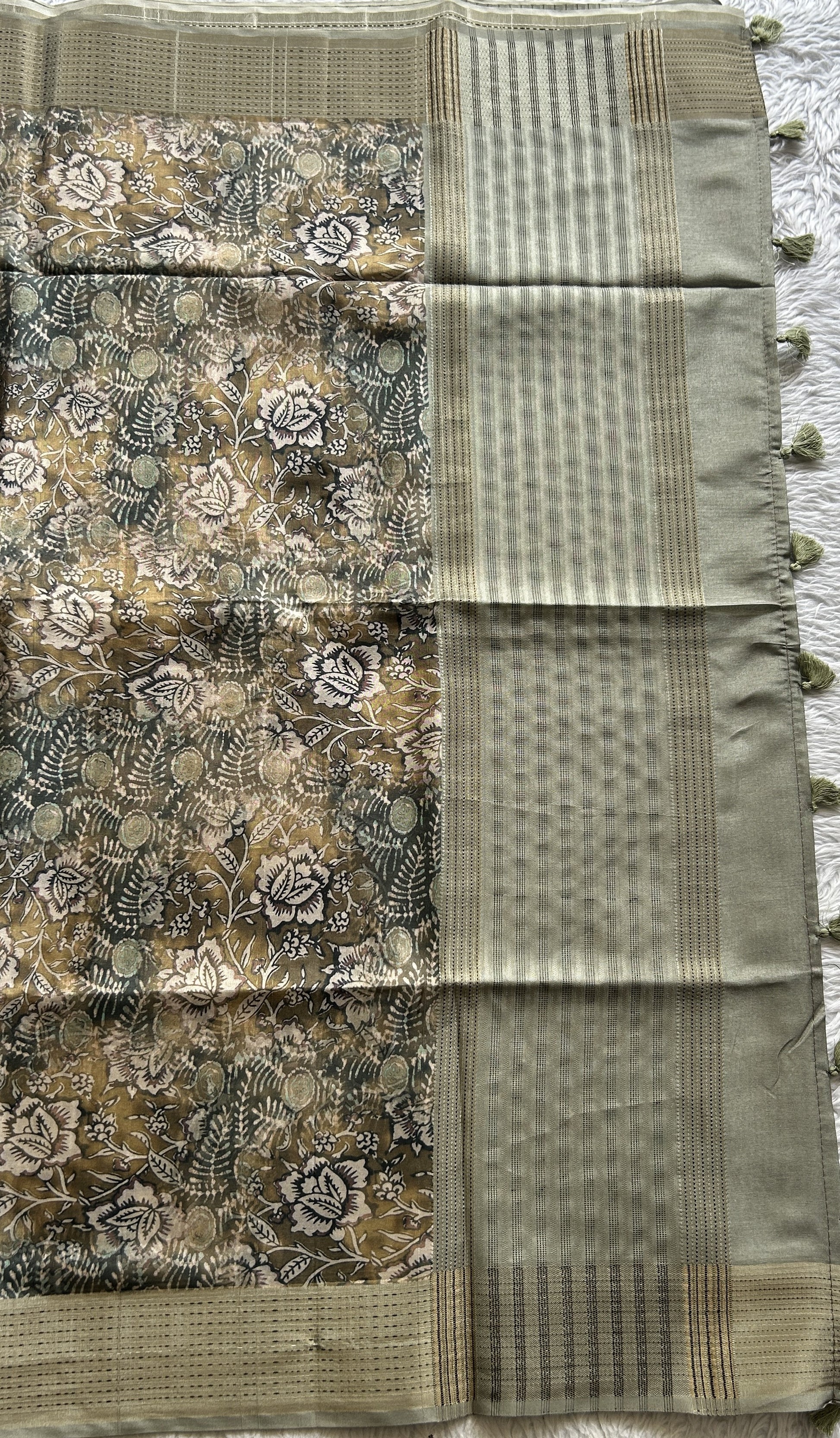 Semi Tussar Saree Olive Green Colored complemented with a Running Stich Border. - Sampradaya Designer Studio