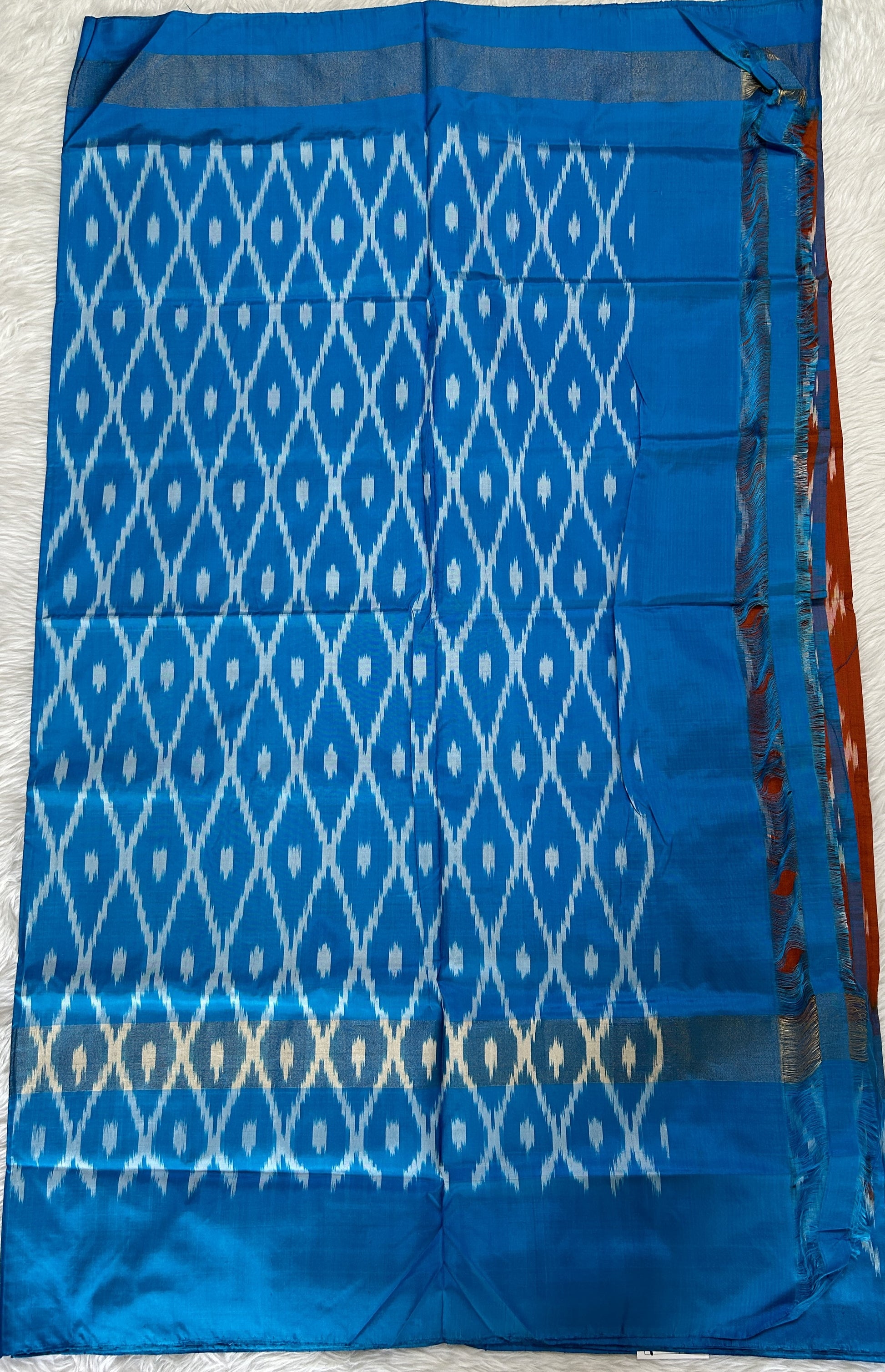 Ikkat Pattu Saree Rust Orange colored Saree complemented with a Blue Colored Ikkat border. - Sampradaya Designer Studio