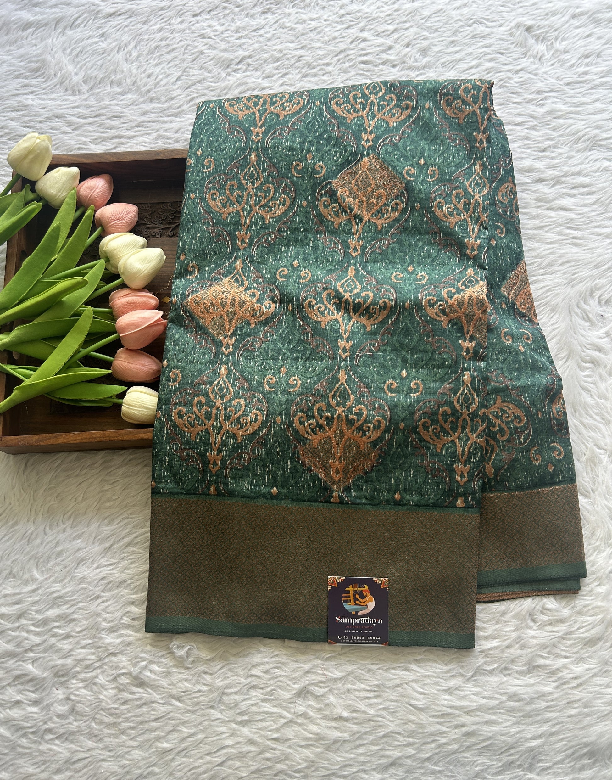 Maheshwari Chanderi Cotton Saree Bottle Green Colored Complemented with a Zari Border. - Sampradaya Designer Studio