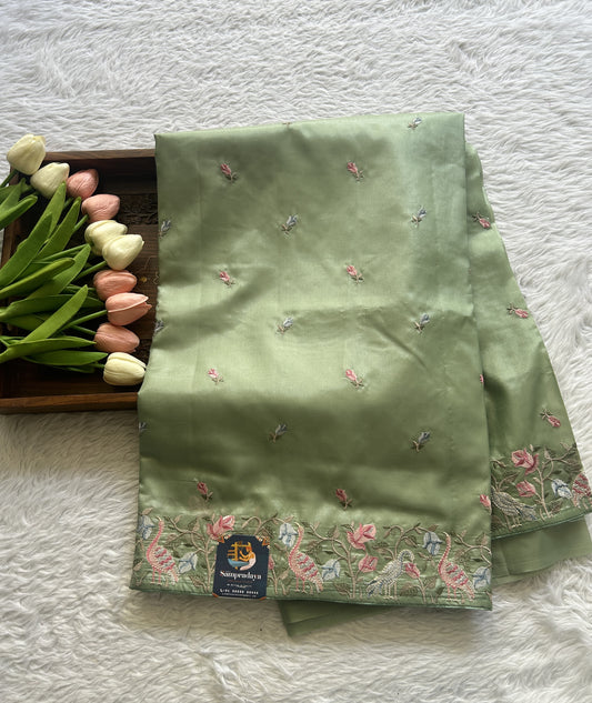 Inox Silk Saree Parrot Green Colored Complemented with a Machine Embroidery Border. - Sampradaya Designer Studio