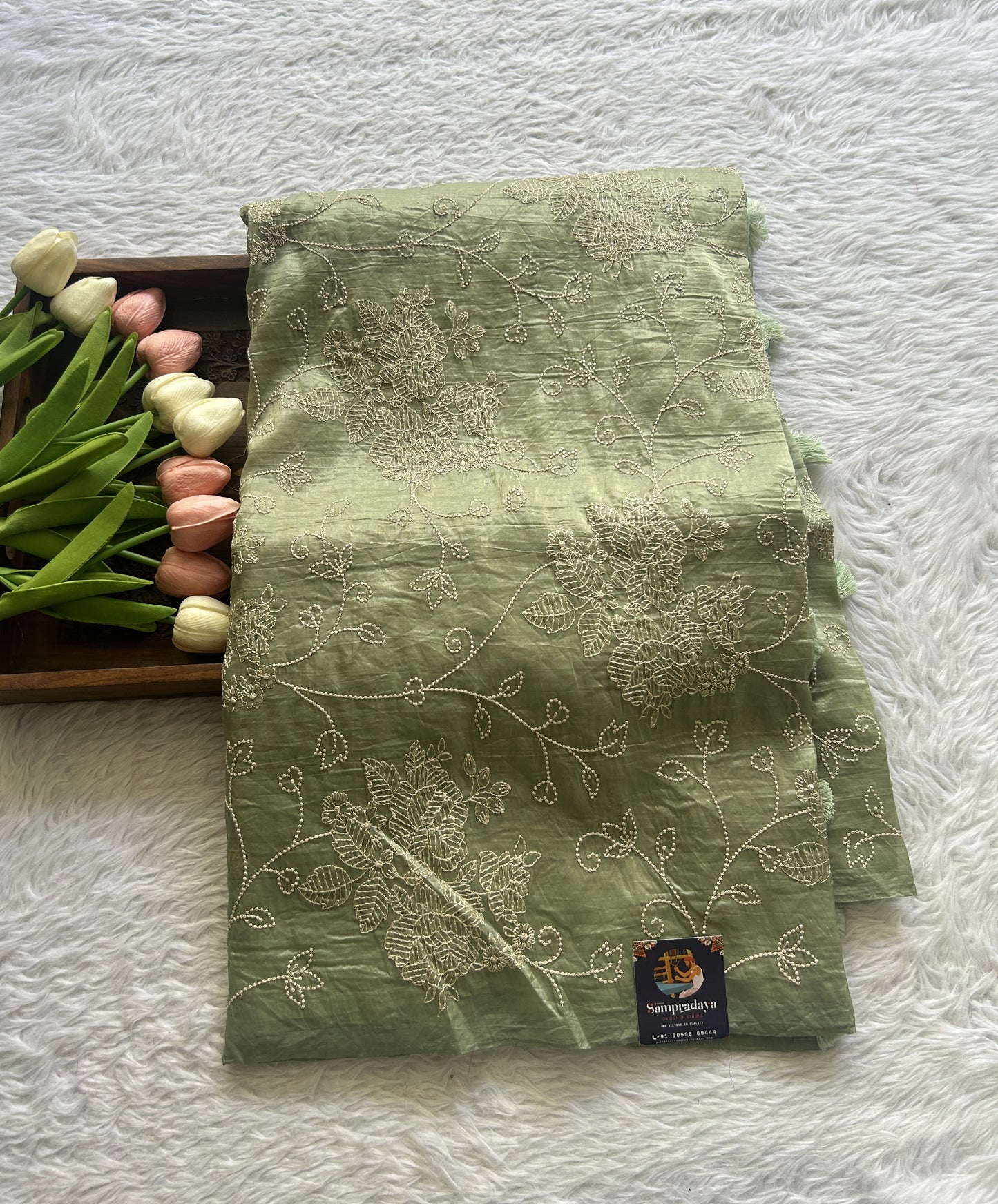 Inox Silk Saree Light Green Colored Complemented with a Borderless. - Sampradaya Designer Studio