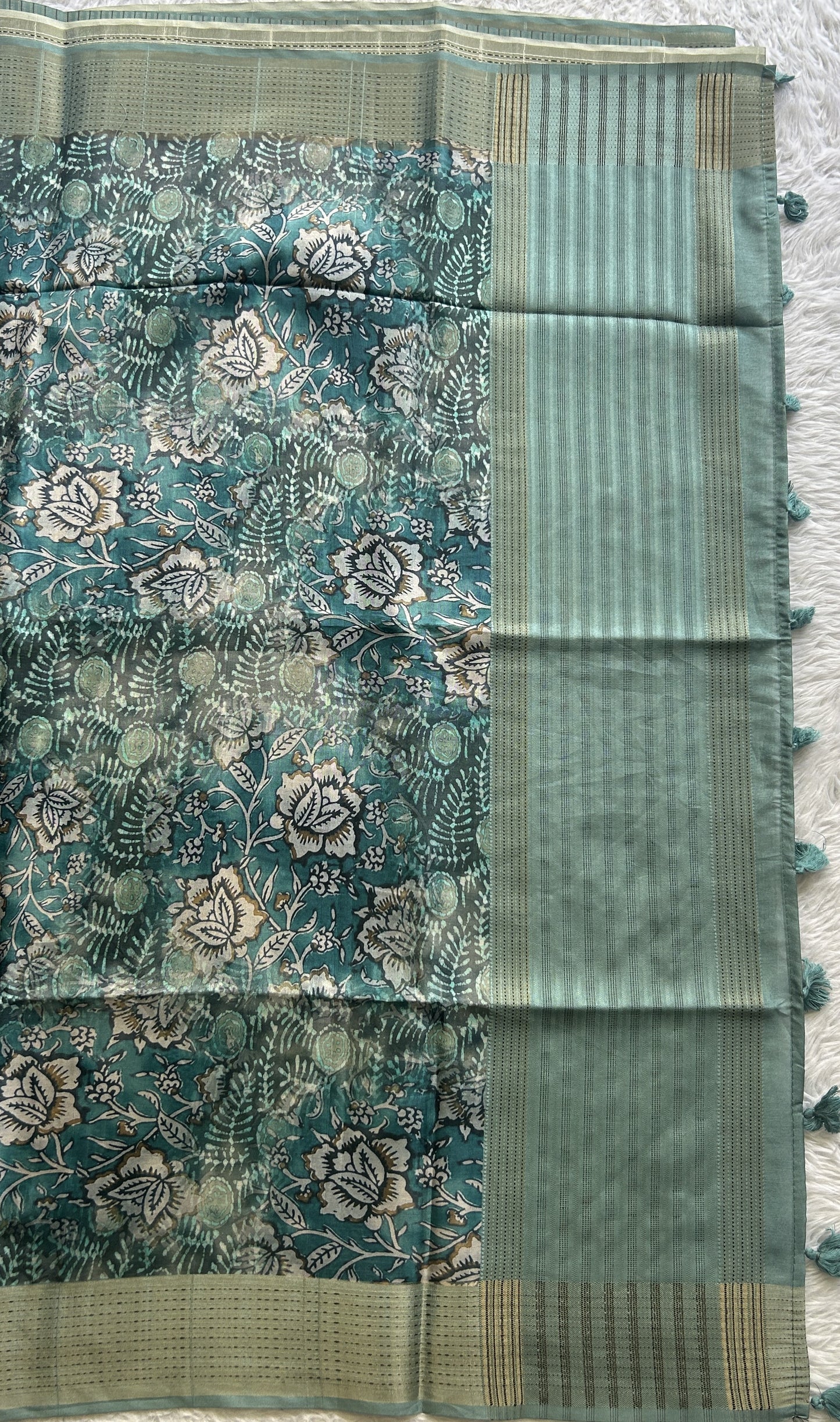 Semi Tussar Saree Pine Blue Colored complemented with a Running Stich Border. - Sampradaya Designer Studio