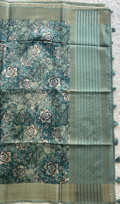 Semi Tussar Saree Pine Blue Colored complemented with a Running Stich Border. - Sampradaya Designer Studio