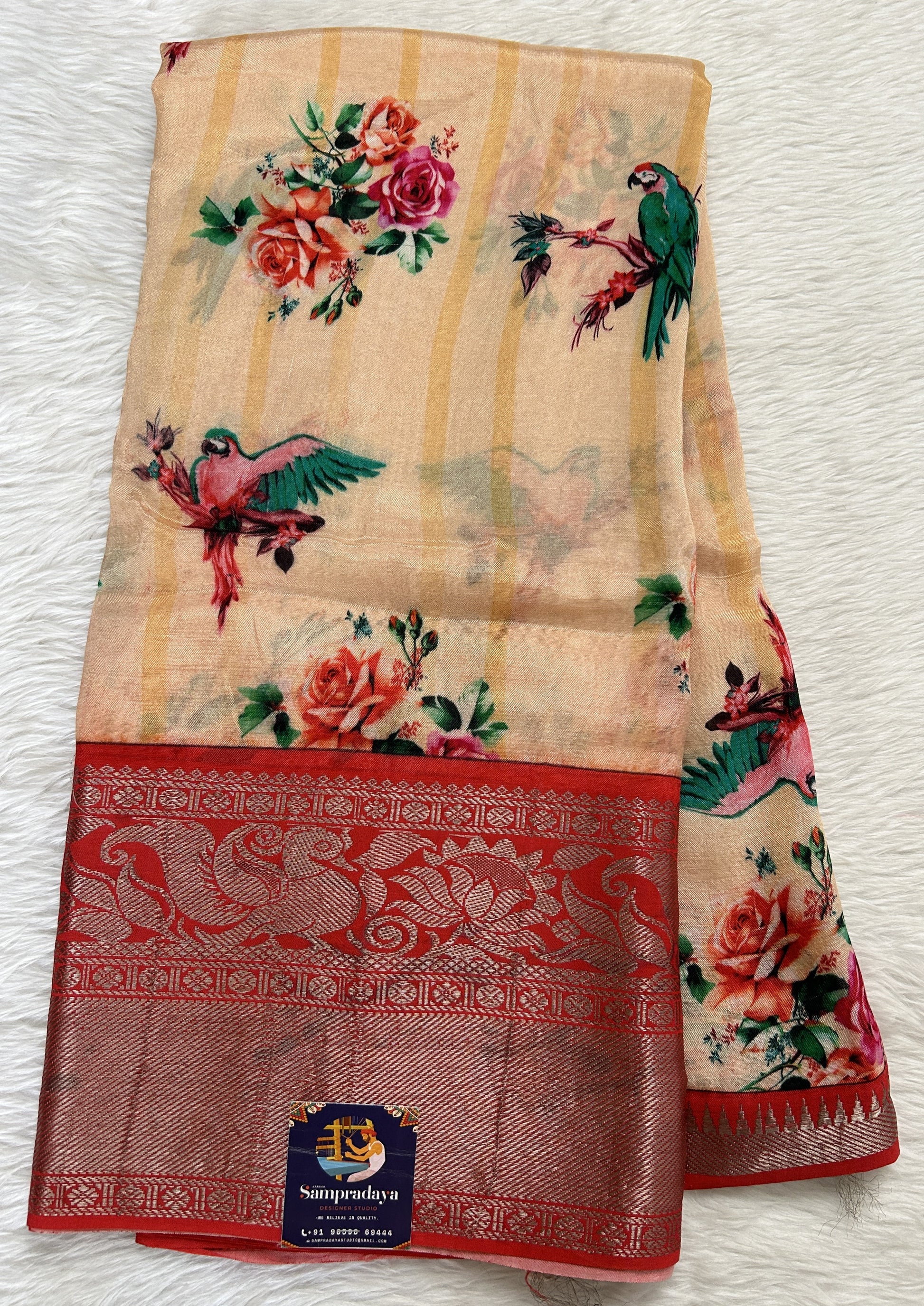 Mangalagiri Pattu Digital Print Saree Light Peach colored Saree complemented with a Red Colored Mangalagiri Border - Sampradaya Designer Studio