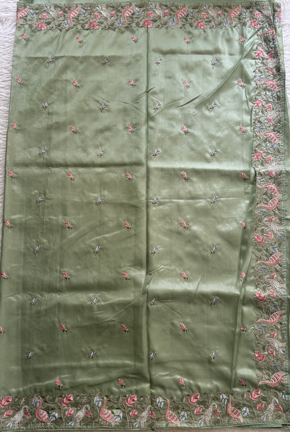 Inox Silk Saree Parrot Green Colored Complemented with a Machine Embroidery Border. - Sampradaya Designer Studio