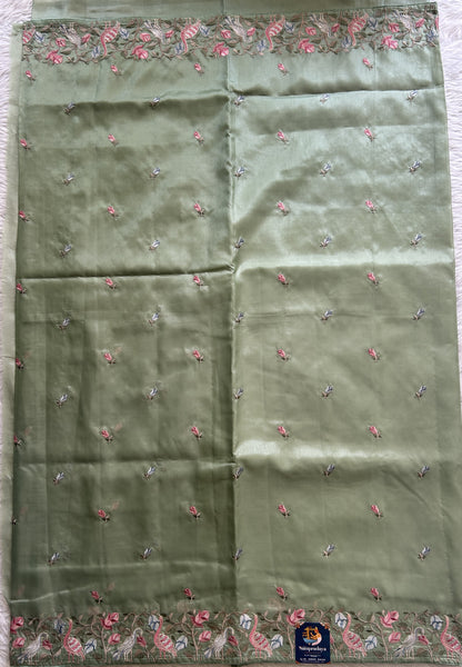 Inox Silk Saree Parrot Green Colored Complemented with a Machine Embroidery Border. - Sampradaya Designer Studio