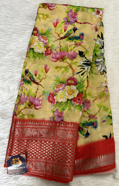 Mangalagiri Pattu Digital Print Saree Light Yellow colored Saree complemented with a Dark Orange Colored Mangalagiri Border - Sampradaya Designer Studio