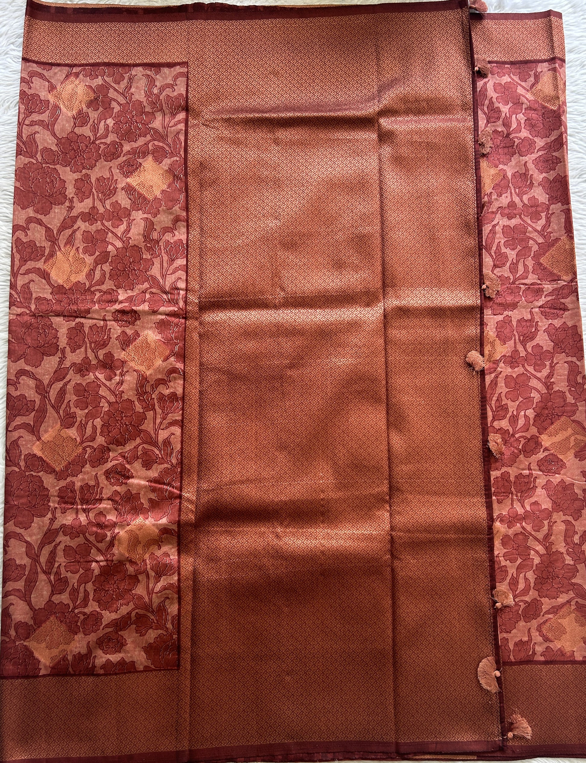 Maheshwari Chanderi Cotton Saree Dark Peach Colored Complemented with a Zari Border. - Sampradaya Designer Studio