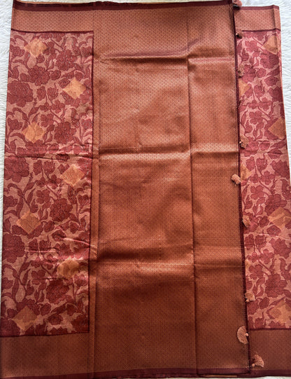 Maheshwari Chanderi Cotton Saree Dark Peach Colored Complemented with a Zari Border. - Sampradaya Designer Studio