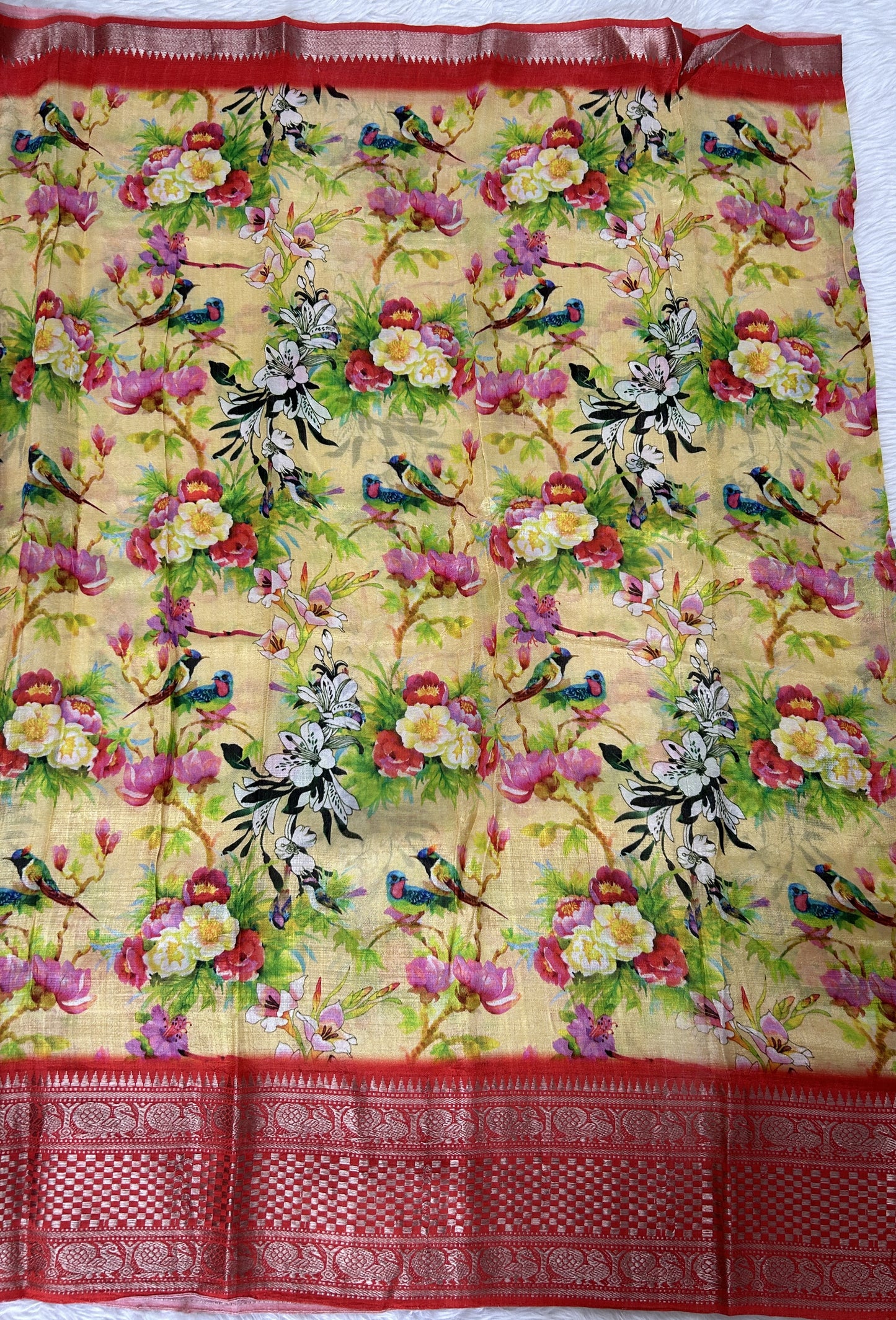 Mangalagiri Pattu Digital Print Saree Light Yellow colored Saree complemented with a Dark Orange Colored Mangalagiri Border - Sampradaya Designer Studio