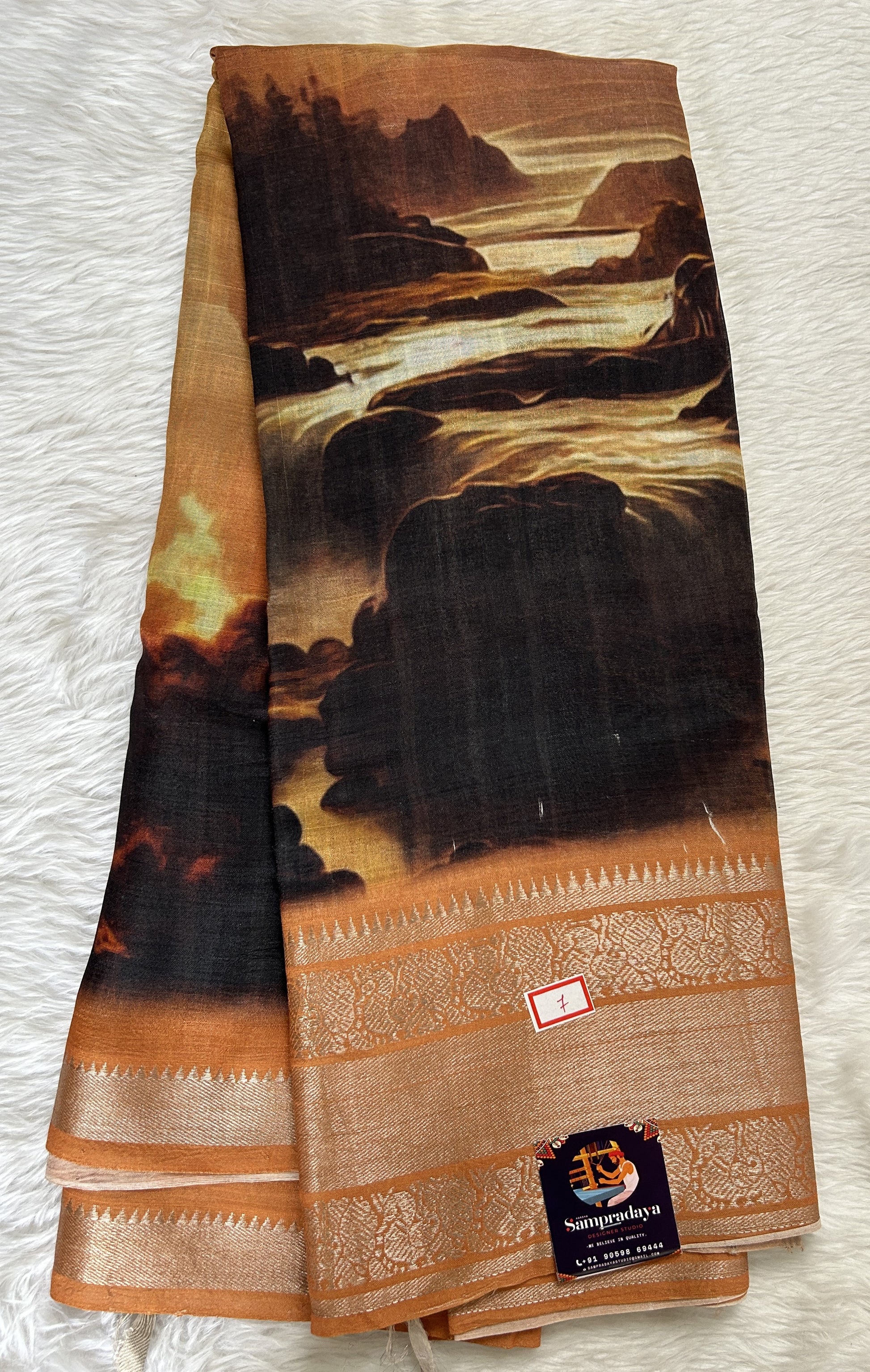 Mangalagiri Pattu Digital Print Saree Black colored Saree complemented with a Orange Colored Mangalagiri Border - Sampradaya Designer Studio