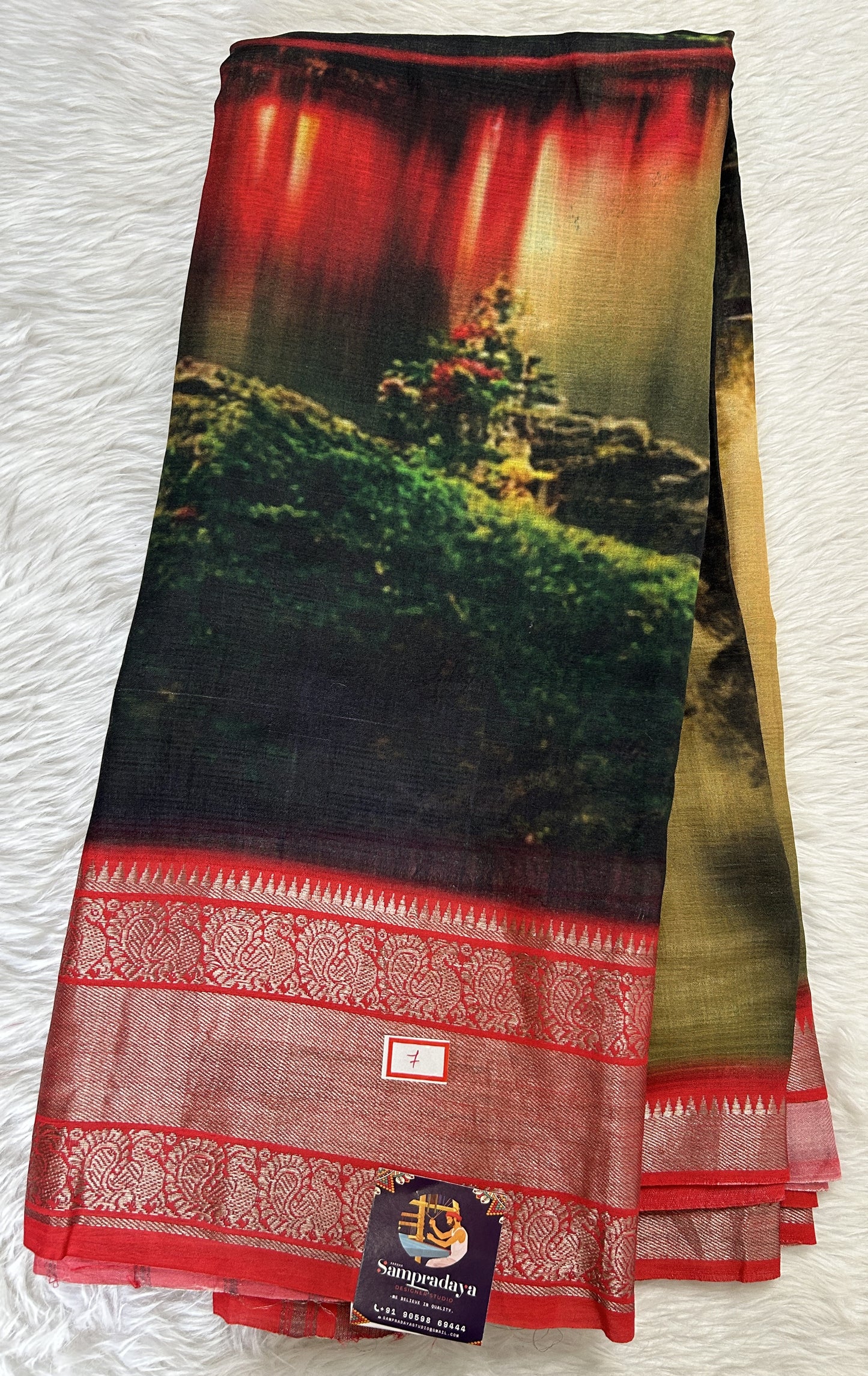 Mangalagiri Pattu Digital Print Saree Dark Bottle Green colored Saree complemented with a Red Colored Mangalagiri Border - Sampradaya Designer Studio