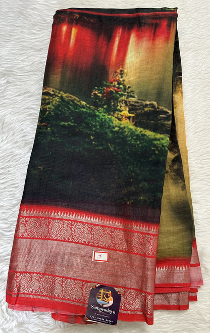 Mangalagiri Pattu Digital Print Saree Dark Bottle Green colored Saree complemented with a Red Colored Mangalagiri Border - Sampradaya Designer Studio