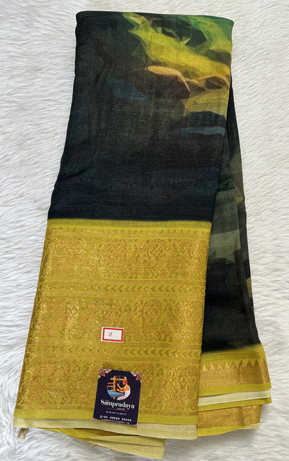 Mangalagiri Pattu Digital Print Saree Dark Bottle Green colored Saree complemented with a Yellowish Green Colored Mangalagiri Border - Sampradaya Designer Studio