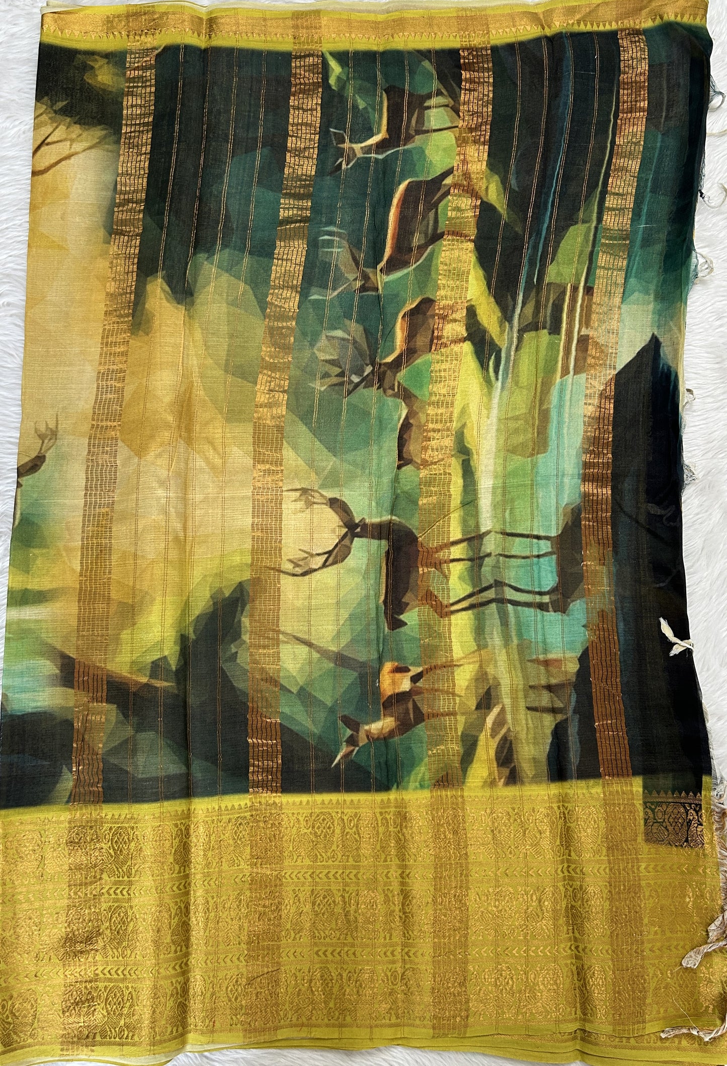 Mangalagiri Pattu Digital Print Saree Dark Bottle Green colored Saree complemented with a Yellowish Green Colored Mangalagiri Border - Sampradaya Designer Studio