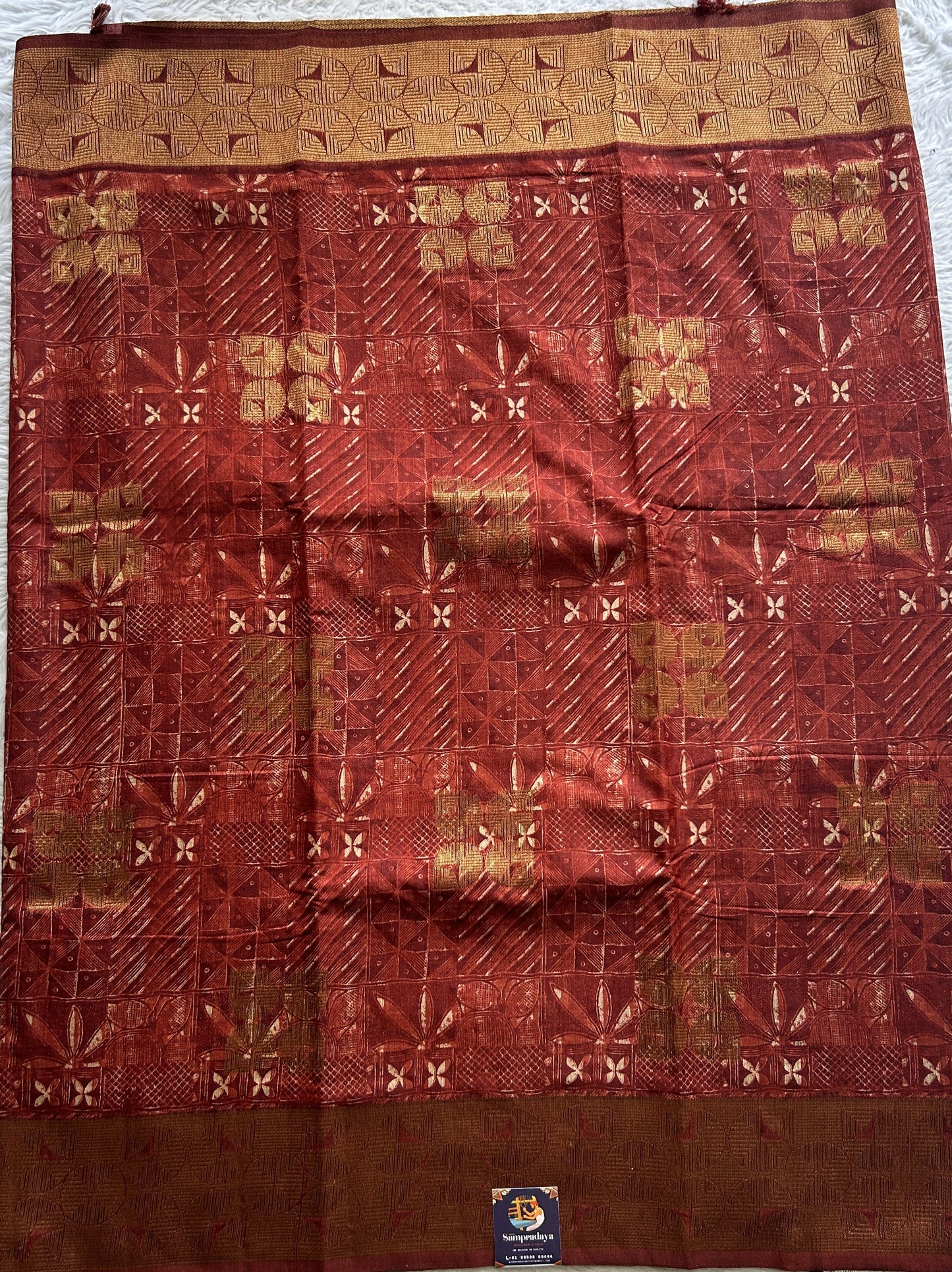 Maheshwari Chanderi Cotton Saree Rust Colored Complemented with a Zari Border. - Sampradaya Designer Studio