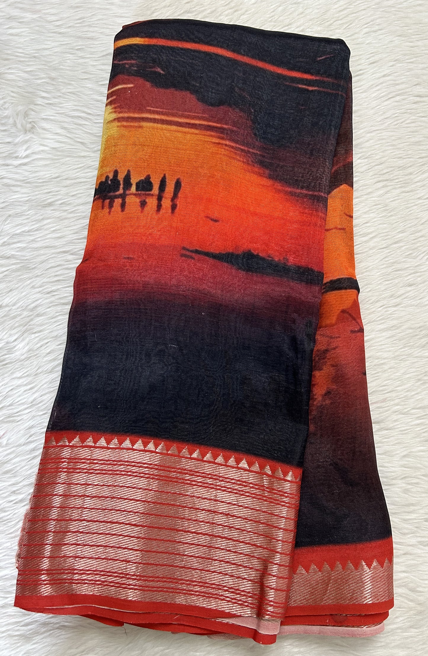 Mangalagiri Pattu Digital Print Saree Black and Orange colored Saree complemented with a Dark Orange Colored Mangalagiri Border - Sampradaya Designer Studio