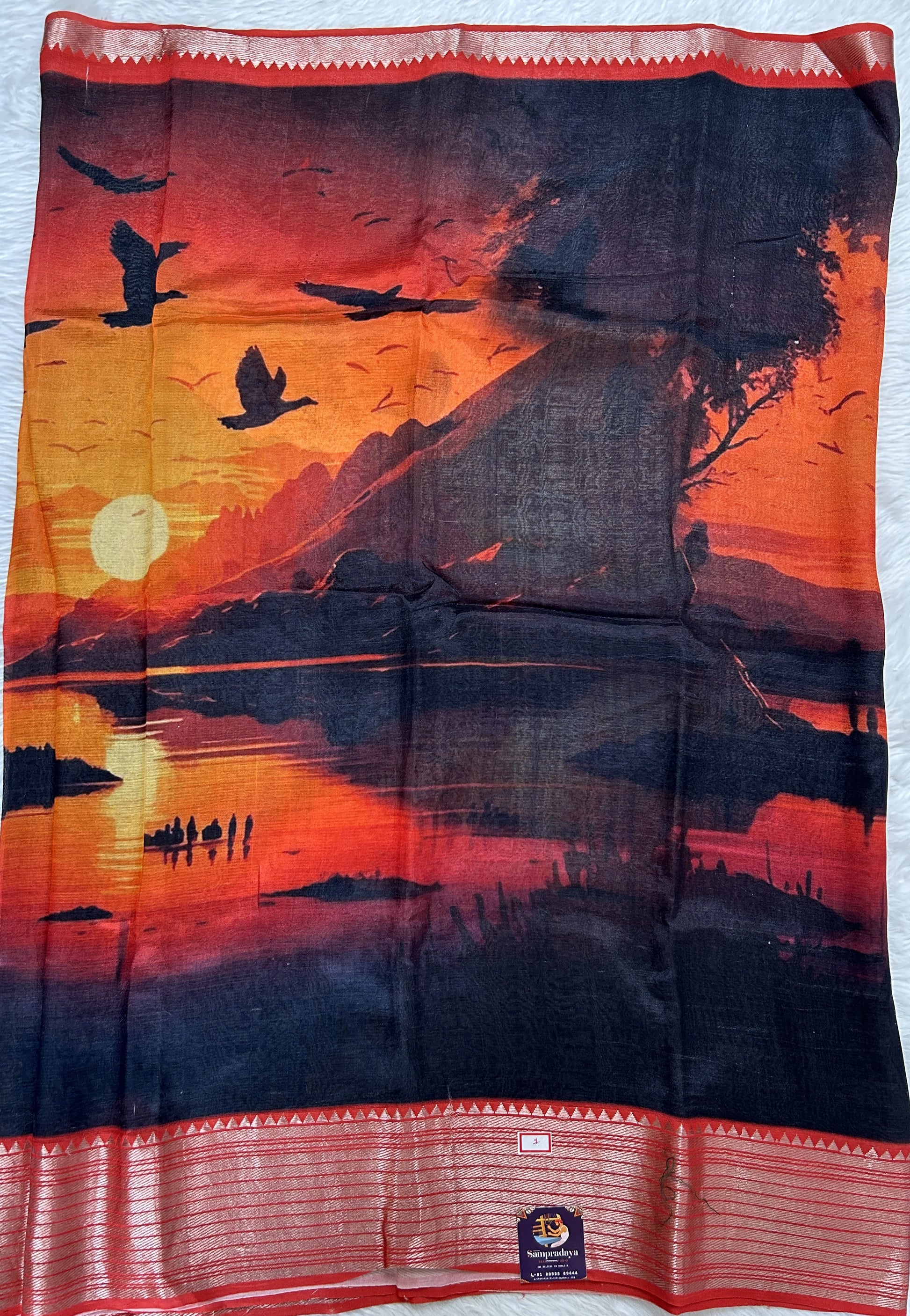 Mangalagiri Pattu Digital Print Saree Black and Orange colored Saree complemented with a Dark Orange Colored Mangalagiri Border - Sampradaya Designer Studio